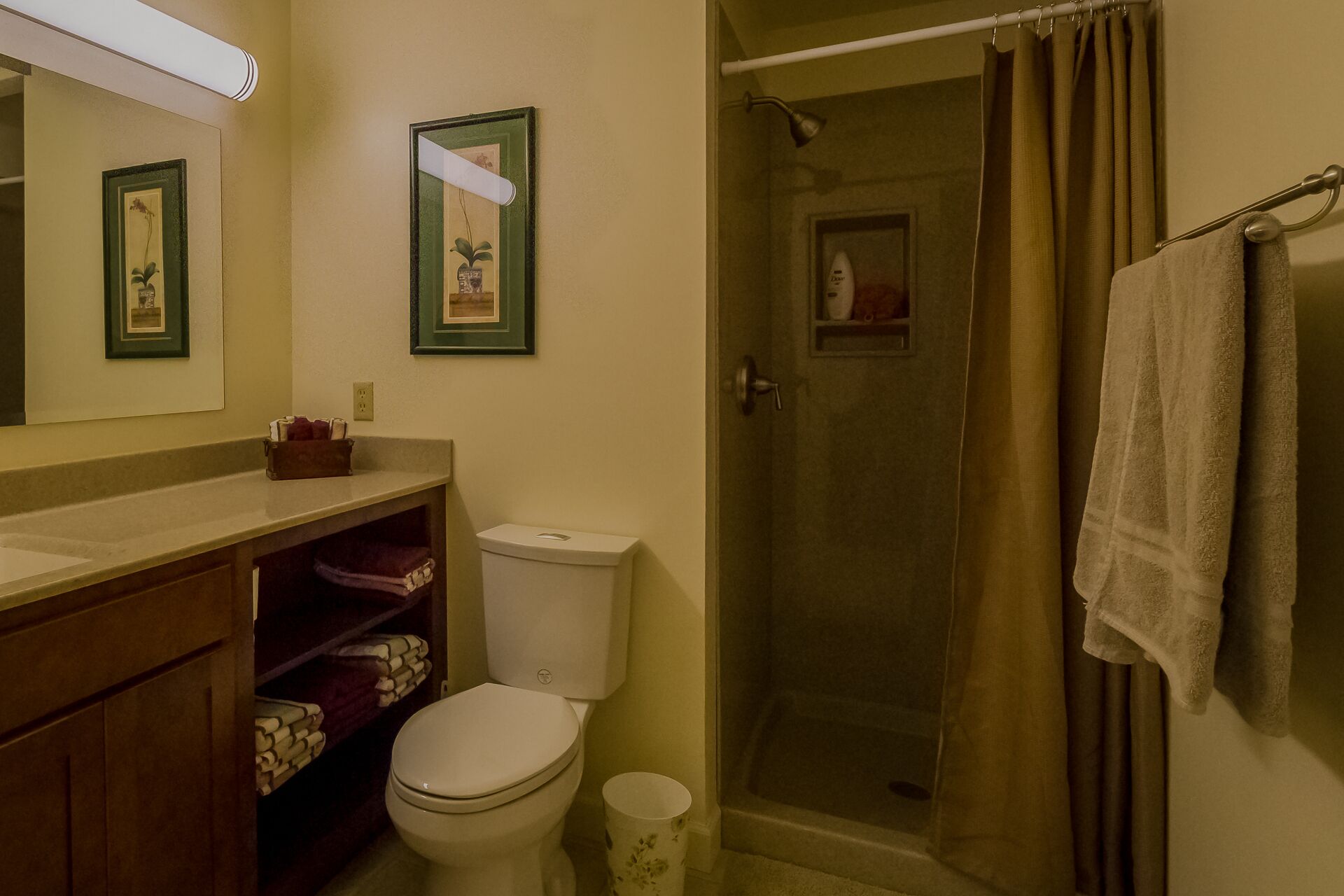 A bathroom with a toilet, sink, and shower. There are framed pictures on the wall and a towel rack with a towel.