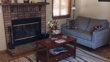 TV, fireplace, DVD player, books