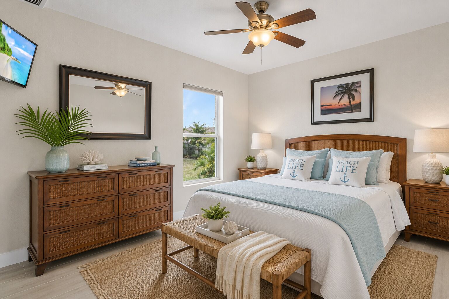 Une chambre à coucher avec un lit, un ventilateur de plafond, une commode, un banc et une fenêtre donnant sur un beau paysage.