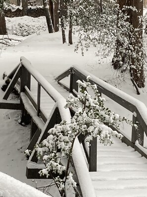A wooden bridge with snow-covered railings and branches, surrounded by snow-laden trees. - Clover Cabin In The Sequoia National Forest, not near the National Park (Camp Nelson)