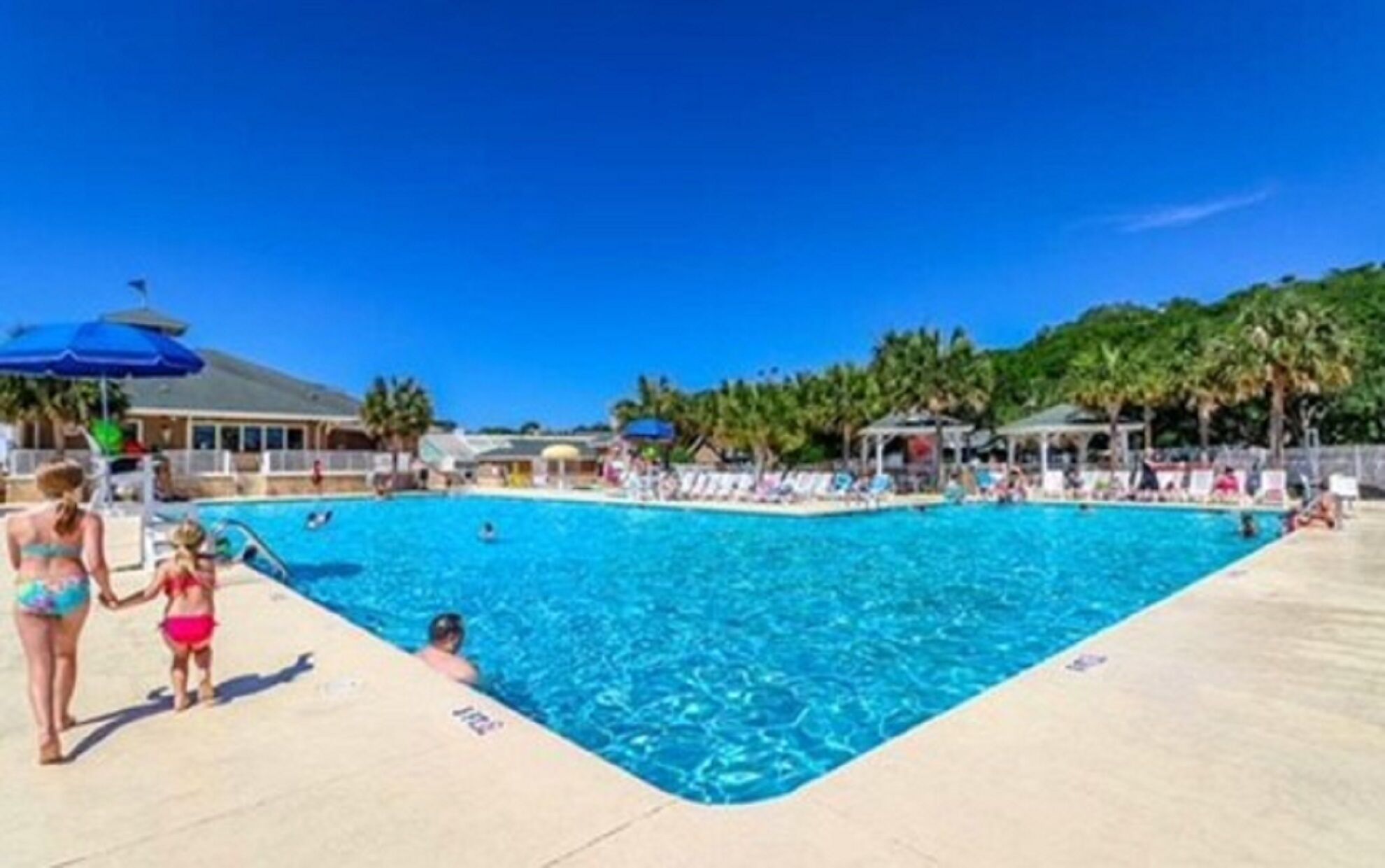 Ein Swimmingpool mit Liegestühlen und Sonnenschirmen, umgeben von Palmen und einem Gebäude mit geneigtem Dach.