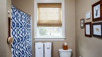 Combined shower/tub, hair dryer, towels, toilet paper