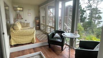 TV connectée, cheminée, lecteur de DVD, livres