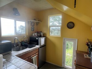 Fridge, microwave, coffee/tea maker, electric kettle