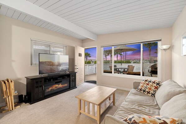 Älytelevisio, takka, DVD-soitin, kirjoja