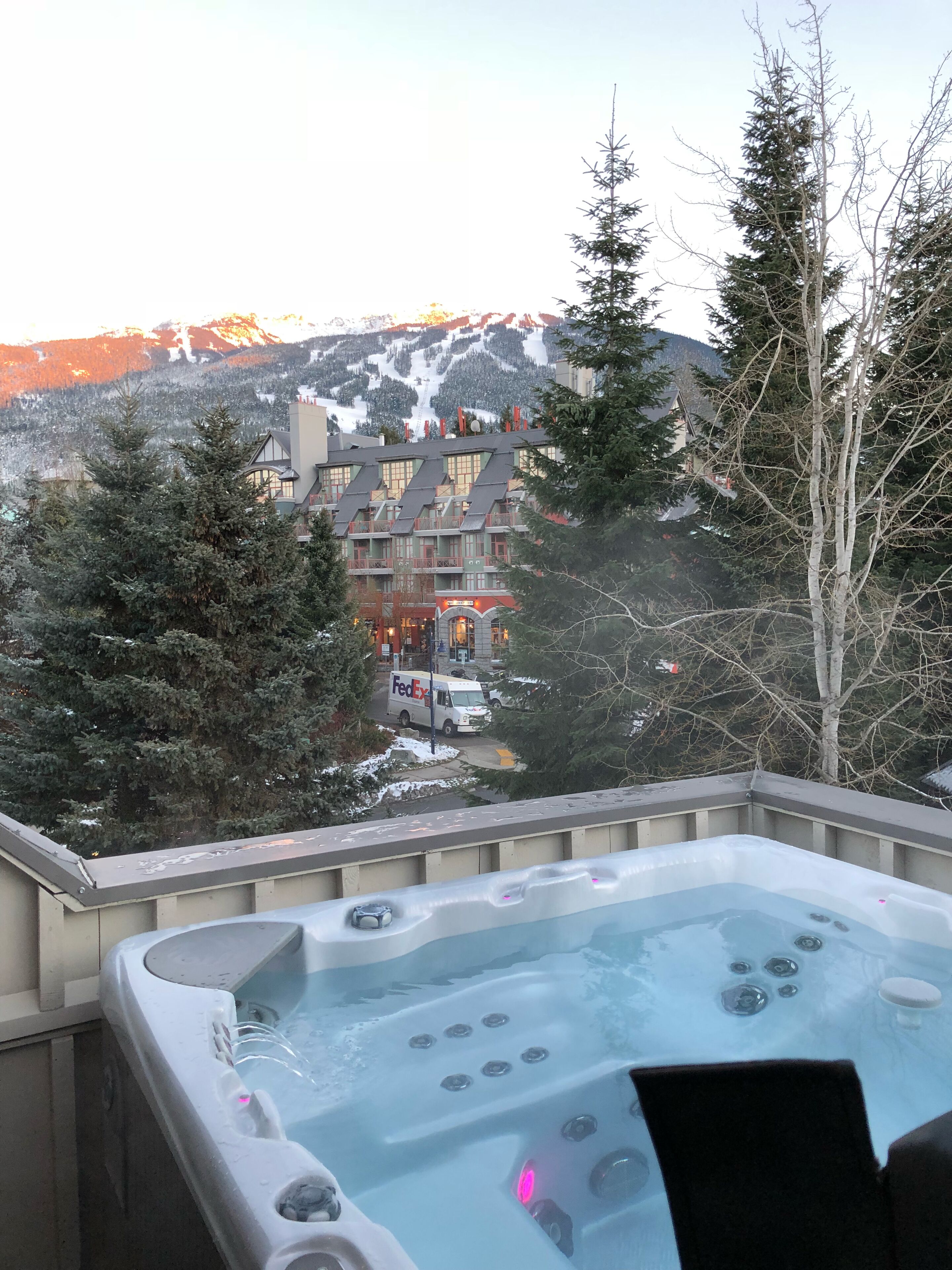 Hot tub with views of  whistler mountain
Beginning of village stroll below.
