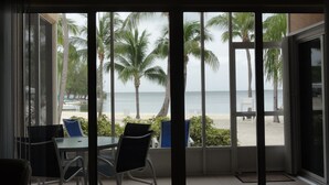 Une chambre avec vue sur une plage, des palmiers et l’océan.