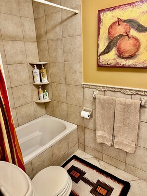 Combined shower/tub, hair dryer, towels, soap