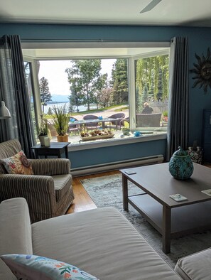 Televisión, chimenea, reproductor de DVD y libros 