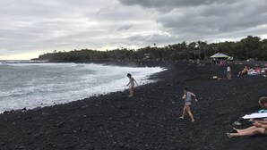 A beach with a rocky shoreline, palm trees, and a cloudy sky. - Nice Studio w/ A/C Near Kehena/Pohoiki Beaches and Lava Fields - sleeps 3 (Pahoa)