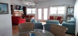 Televisión, chimenea, reproductor de DVD y libros 