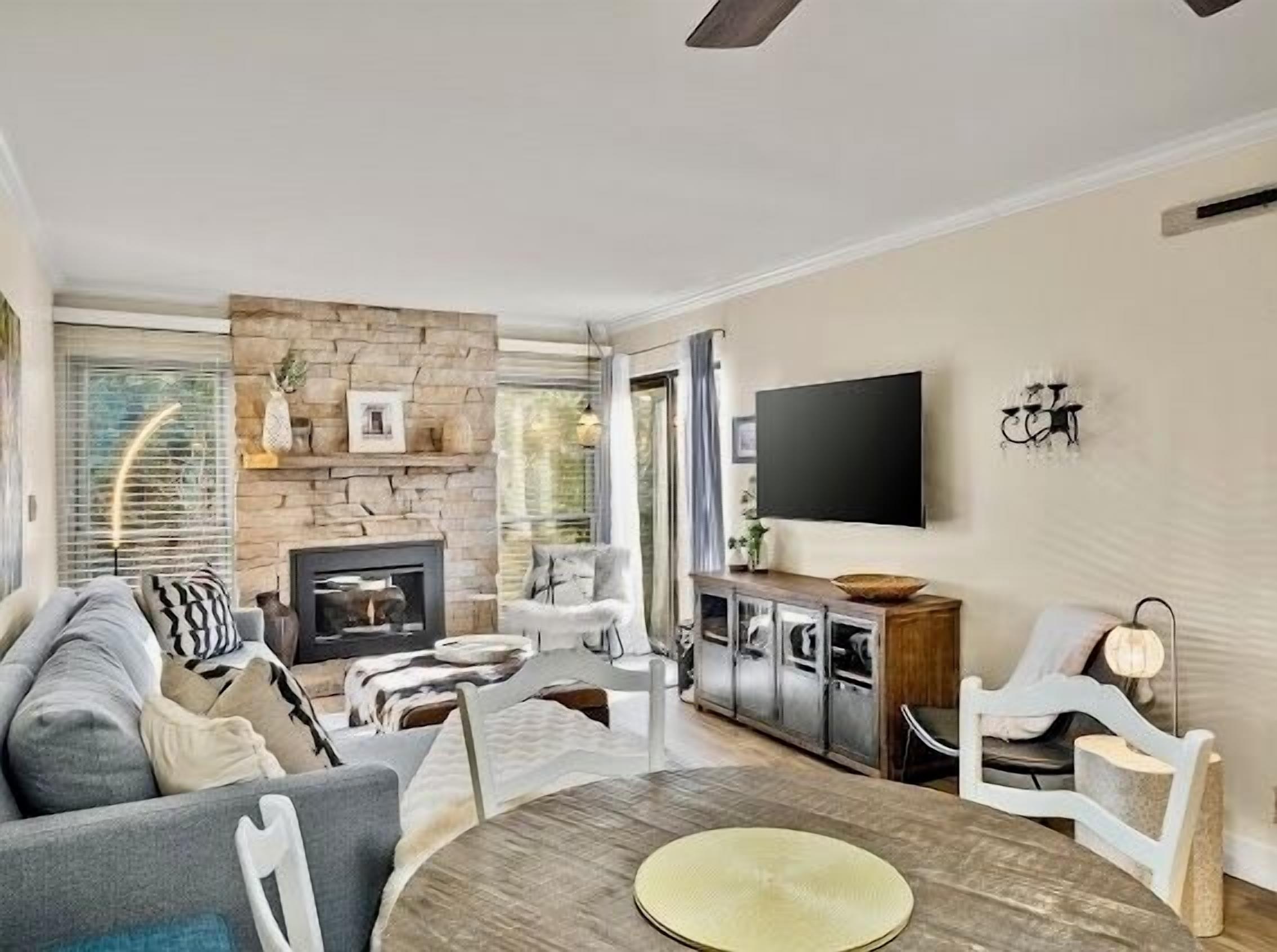 Smart TV, fireplace, DVD player, books