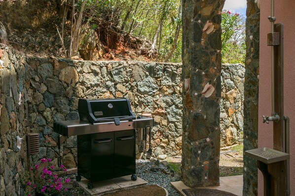 Un muro de piedra con una parrilla y una mesita pequeña, rodeado de follaje y un muro rosa.