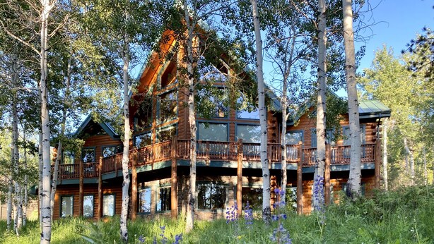 A log cabin with multiple levels and balconies, surrounded by tall trees and wildflowers.