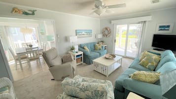 Smart TV, DVD player, books, video library