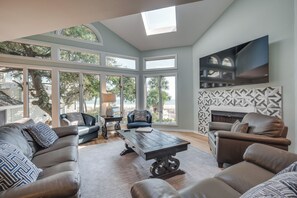 TV, fireplace, books