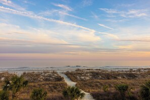 On the beach, sun-loungers, beach towels