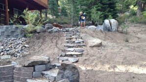 A stone pathway leading to a wooden cabin surrounded by rocks and trees.