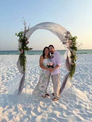 On the beach, sun loungers, beach towels