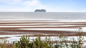 A cruise ship on calm waters with a clear sky. - Beachfront Chalet (Stratford)
