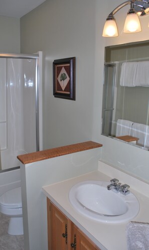 Combined shower/bathtub, hair dryer, towels, toilet paper