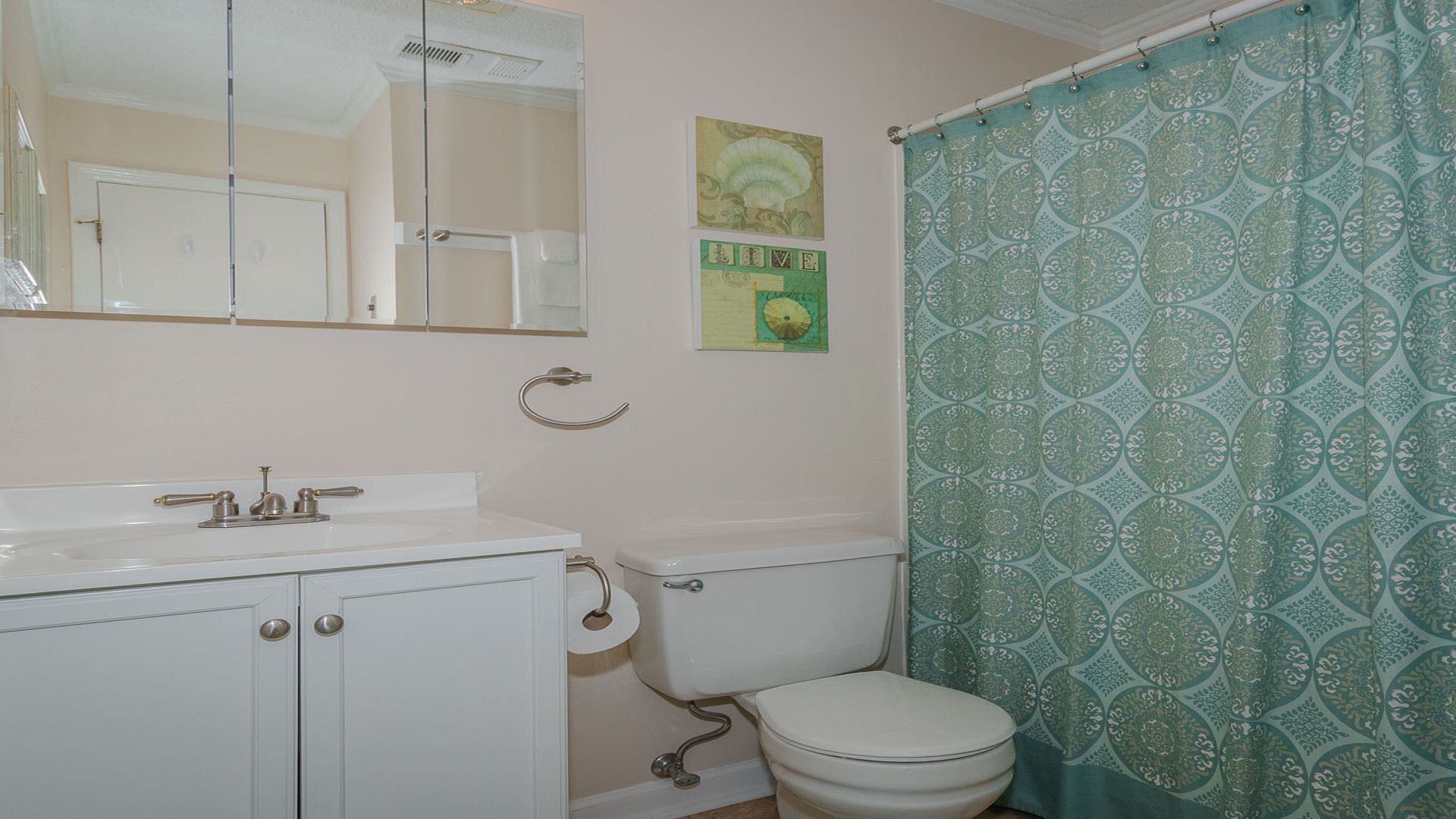 A bathroom with a white sink, toilet, and shower curtain.