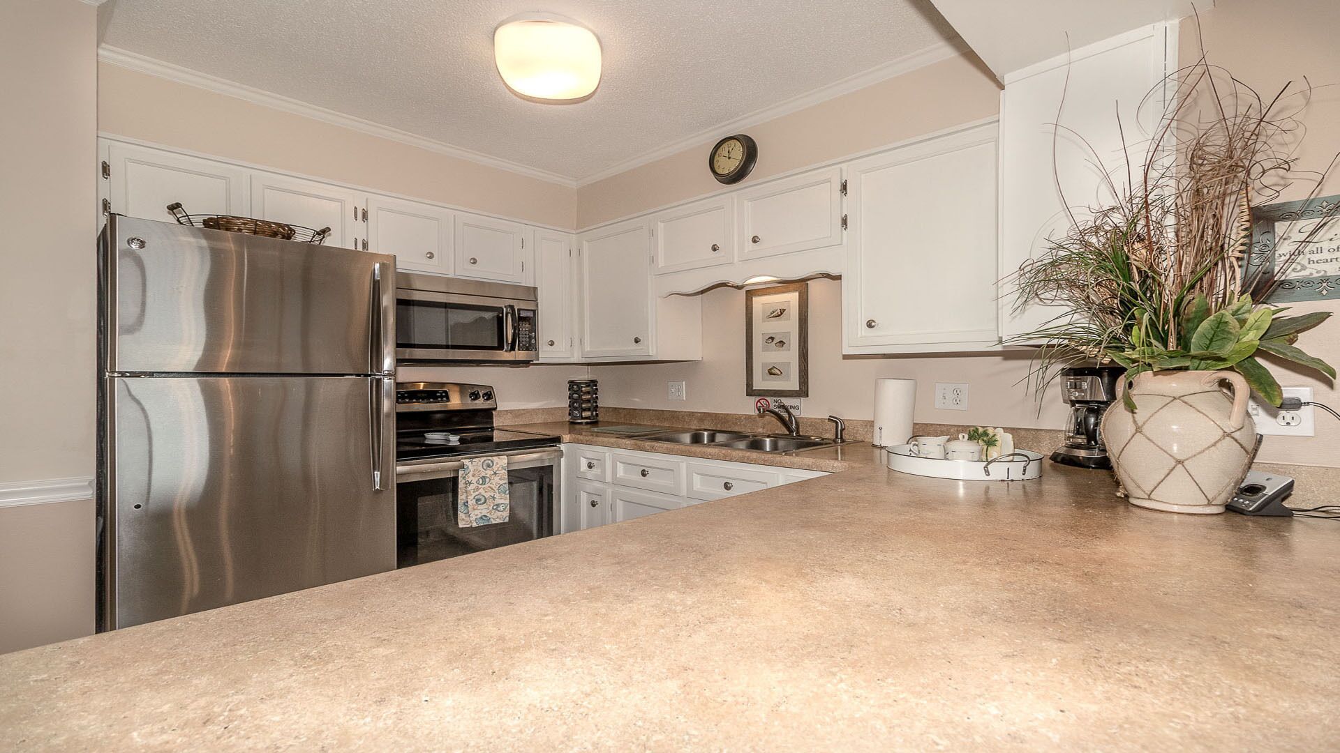 A kitchen with stainless steel appliances, white cabinetry, a granite countertop, and a potted plant.