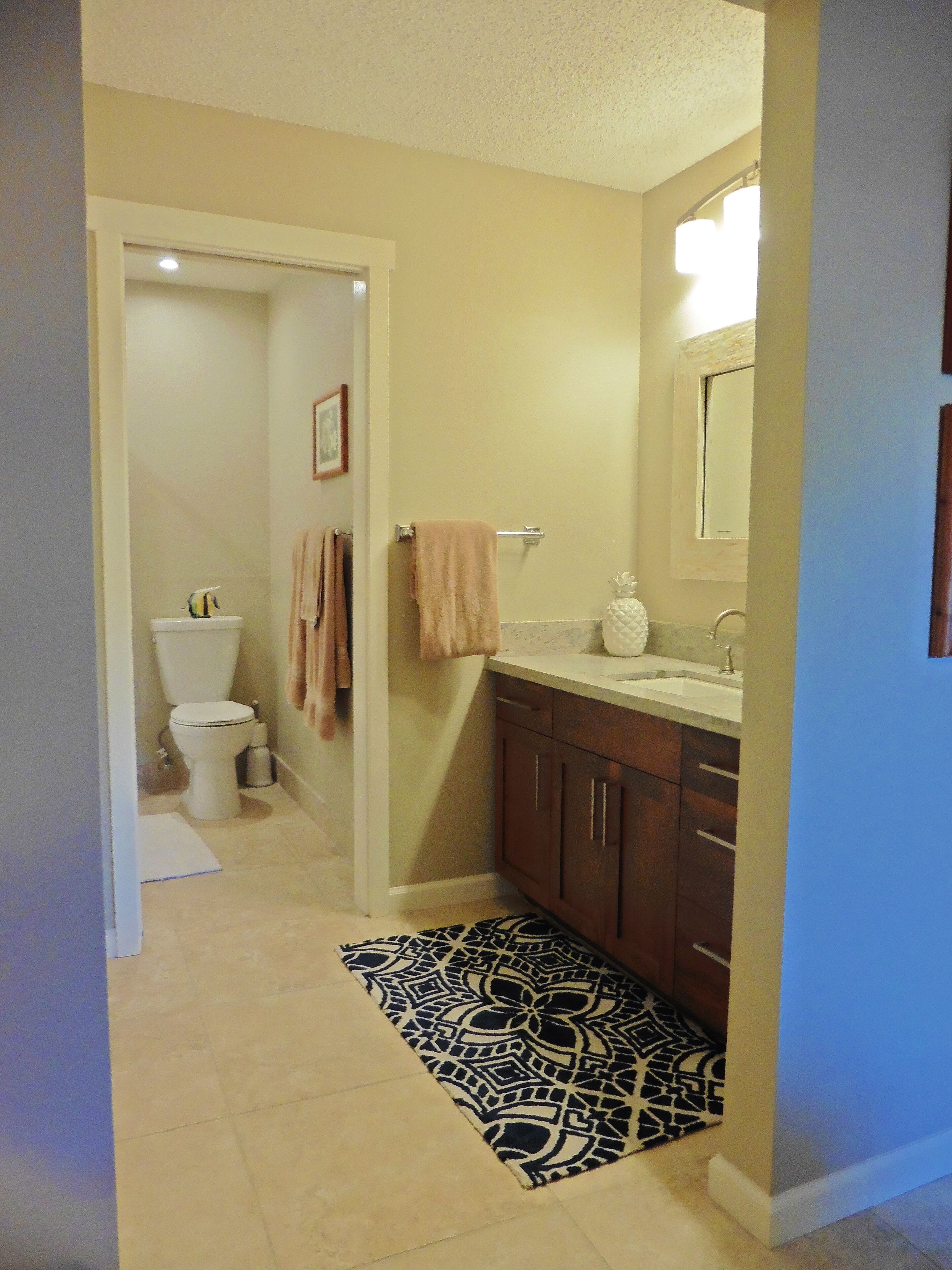 Combined shower/tub, hair dryer, towels, soap