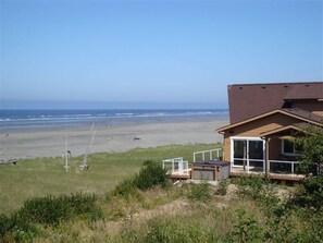 On the beach, sun-loungers, beach towels