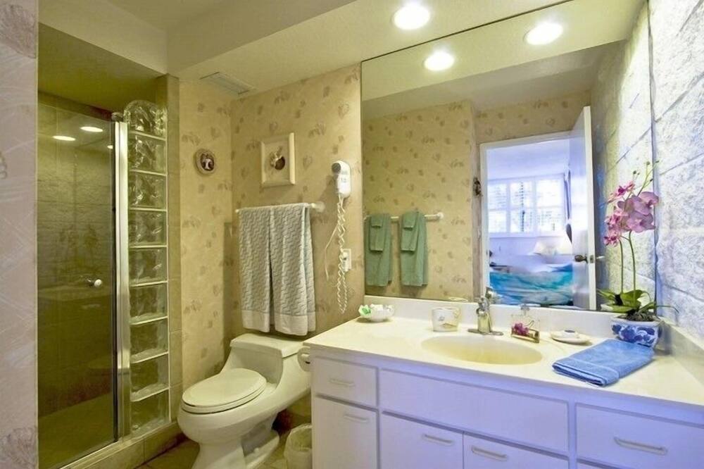 Shower, jetted tub, hair dryer, towels