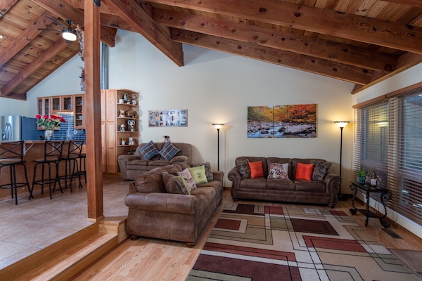 Living room with queen couch and queen sofa-bed