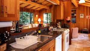 A wooden cabin kitchen with a granite countertop, stainless steel sink, and a dishwasher. - Woodhaven | MCM Inspired Getaway w/ Amazing Views (Inverness)