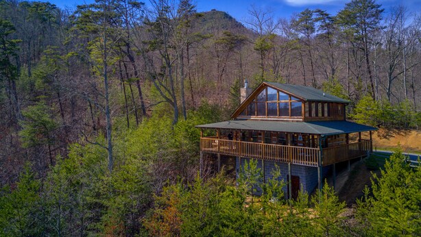 Una cabana amb un gran terrat, envoltada per un bosc dens i una muntanya al fons.