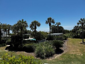 Zona residencial amb piscina, palmeres i un edifici amb teulada blanca.