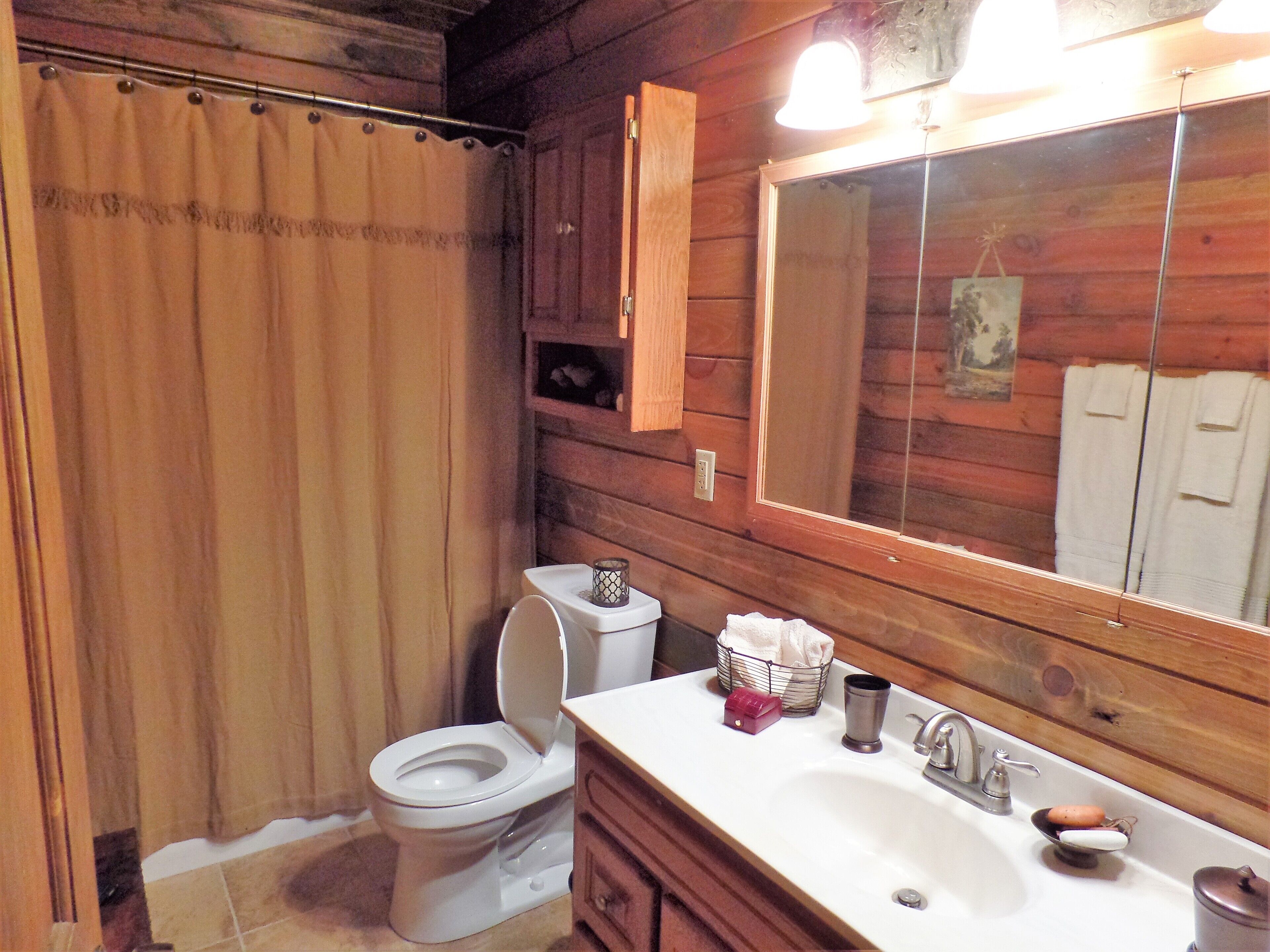 A wooden bathroom with a toilet, sink, and mirror.