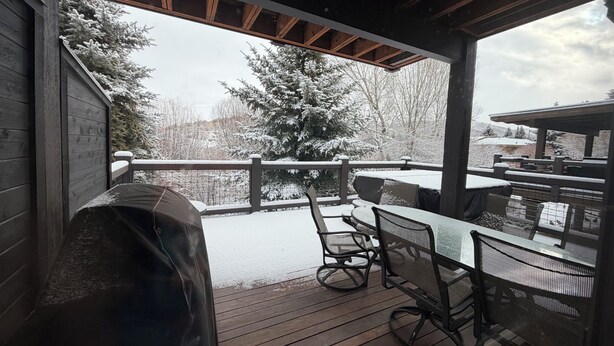 Une terrasse extérieure couverte, équipée d’une table et de chaises, d’un barbecue, et offrant une vue sur des arbres et des bâtiments recouverts de neige.