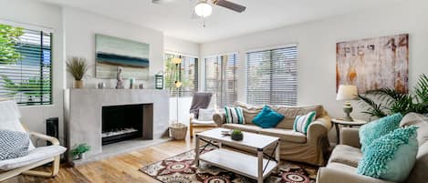 Smart TV, fireplace, DVD player, books