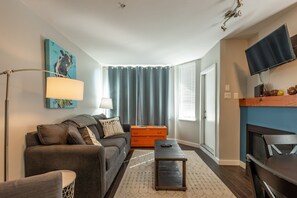 Smart TV, fireplace, books
