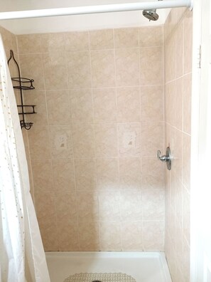 Shower, towels, soap, toilet paper