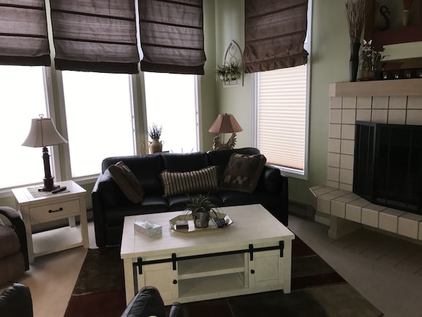 Smart TV, fireplace, video games, DVD player