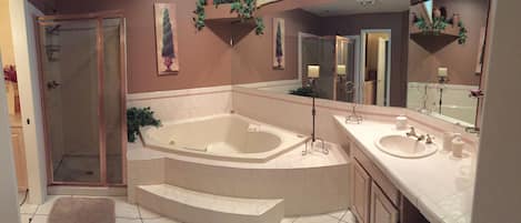 Combined shower/tub, jetted tub, hair dryer, towels