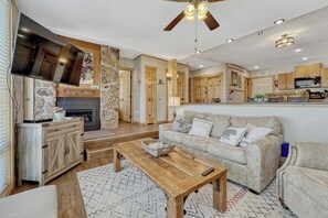 Smart TV, fireplace, DVD player, video library