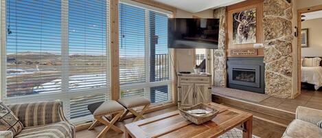 Smart TV, chimenea, reproductor de DVD y videoteca