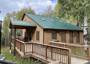Une cabane en bois avec un toit vert, une terrasse et un porche abrité.