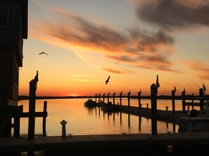 Panorama al tramonto da un molo con barche ormeggiate, un faro e uccelli in volo.