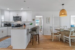 Fridge, microwave, oven, stovetop - Newly Renovated Oceanfront Home w/Private Heated Pool, Hot Tub & Tent Service (Holden Beach)