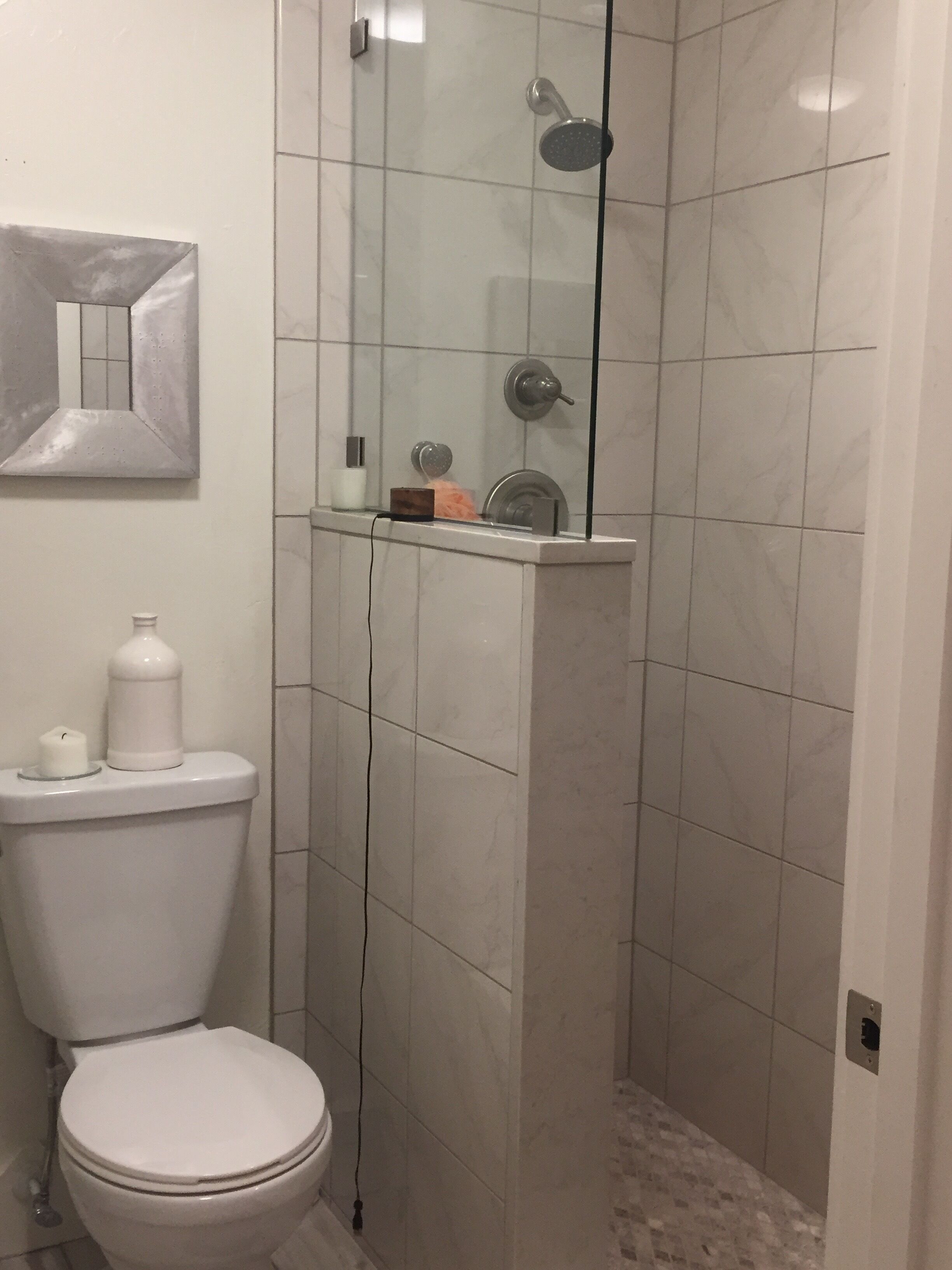 A bathroom with a toilet, a shower enclosure, and a mirror.