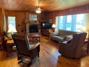 TV connectée, cheminée, lecteur de DVD, chaîne hi-fi