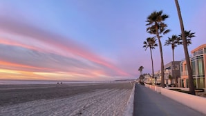 A beach with a paved walkway, palm trees, and modern buildings in the background.