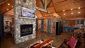 Smart-tv, een open haard, een dvd-speler en een filmbibliotheek